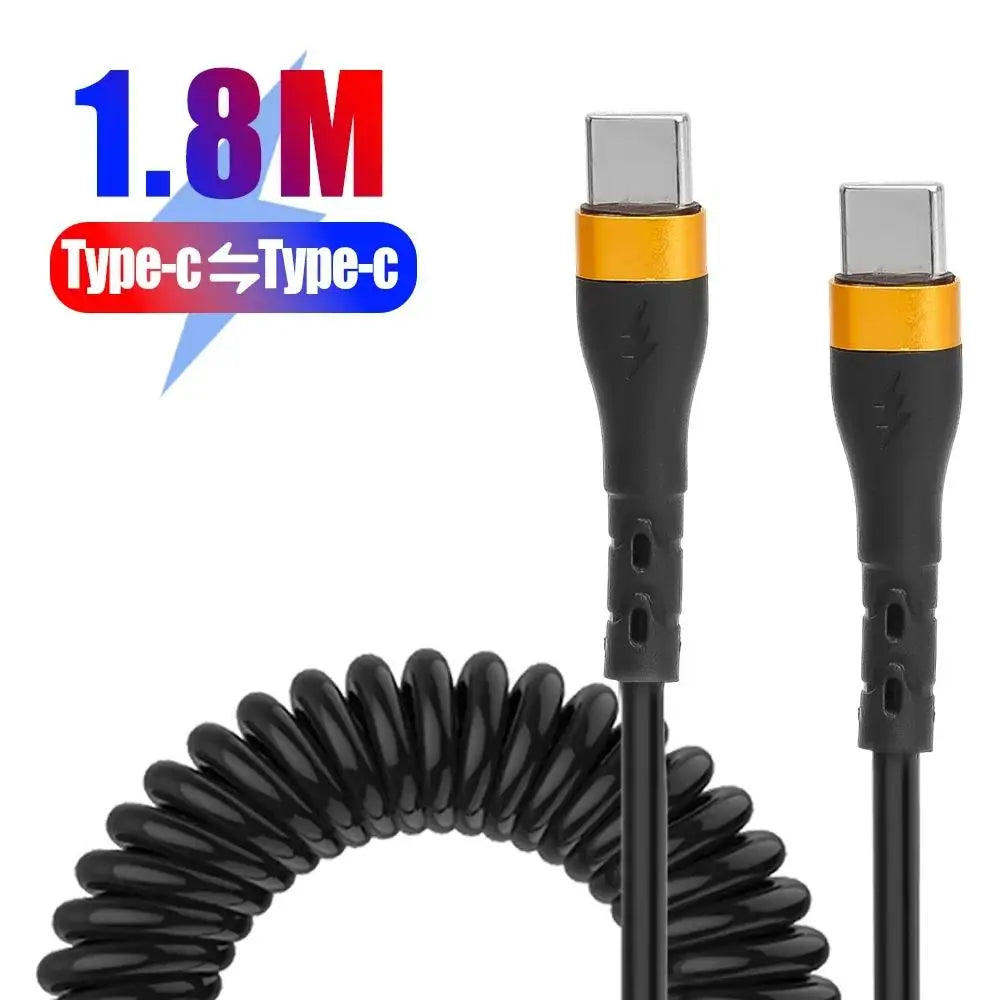 120W USB C to Type C Fast Charge Spring Cable Telescopic Car Phone Charger Data Cord For iPhone Samsung Xiaomi Realme USB Cables Zpaxo Gold-1.8m