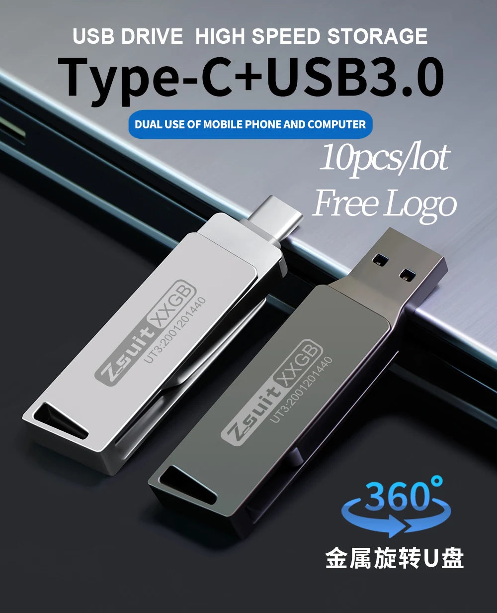 Zsuit 10 pcs/lot 32G USB Flash Drive Metal Memory Stick USB 3.0 Flash Drive 64G 128G 32GB Double C Disk c USB Flash Drive Zpaxo