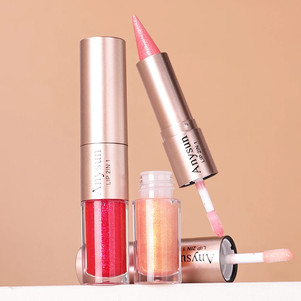 Double Head 2-in-1 Lip Liner+lip Gloss Waterproof Durable Fine Shiny