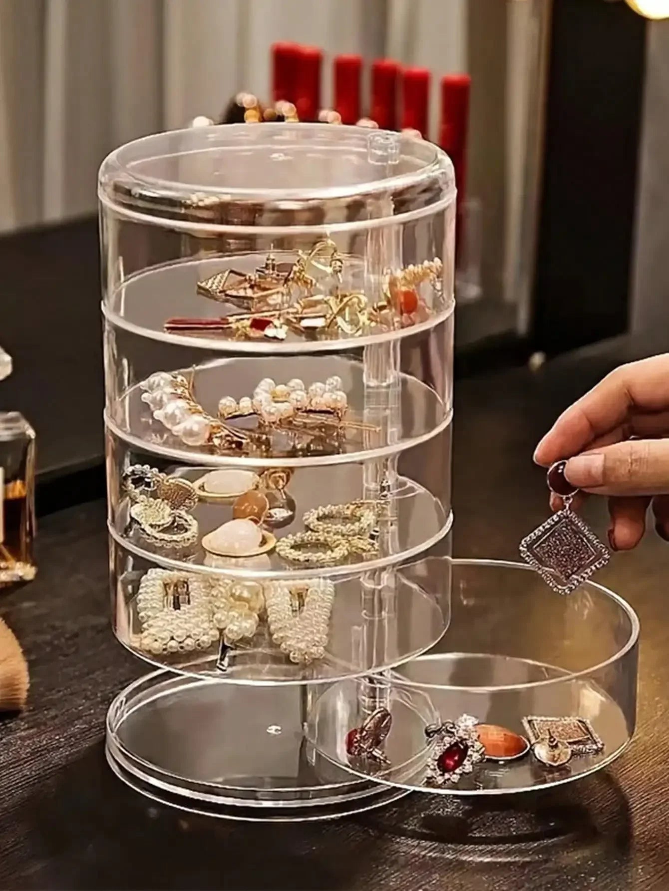 1pc Stylish & Large Capacity 3/4/5 Layers Rotating Jewelry Storage Box For Women, Transparent Desktop Organizer Dust-proof Hair Zpaxo 5Layers