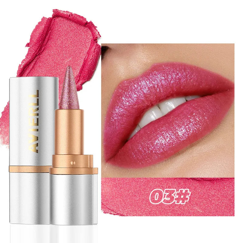 8 Colors Tapered Glitter Shiny Metallic Lipstick Pearlescent Lip Tint Lipliner Lasting Waterproof Easy Color Diamond Lipstick Zpaxo 03