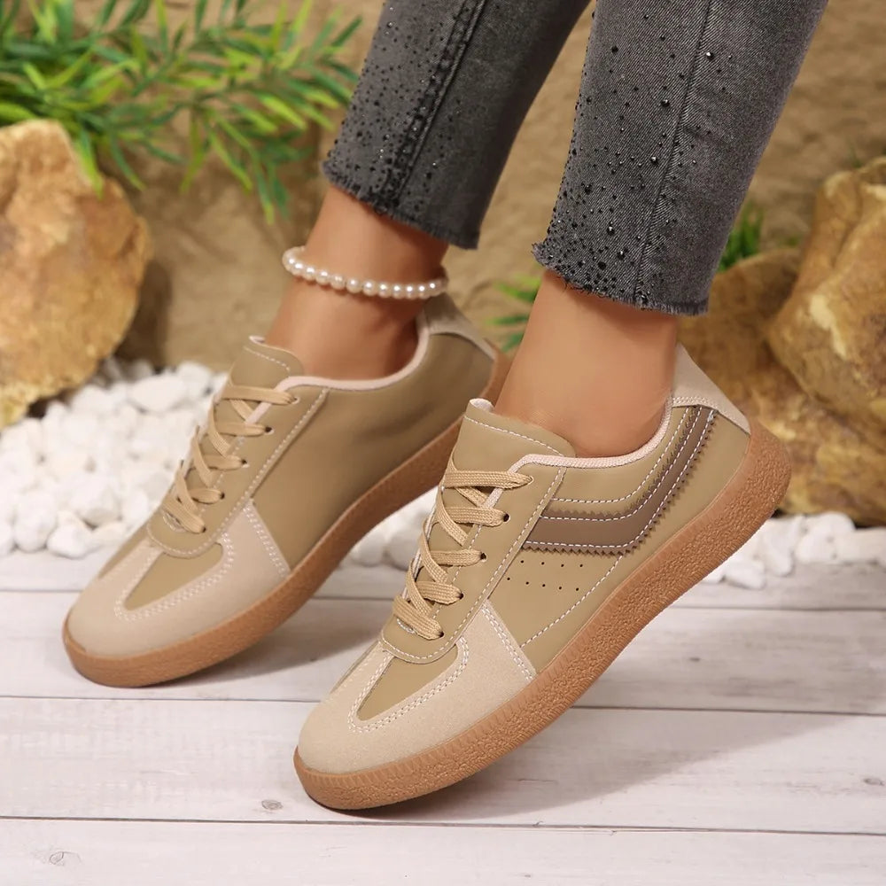 Women Sneakers Fashion Round Toe Casual Lace Up Shoes Patchwork Retro