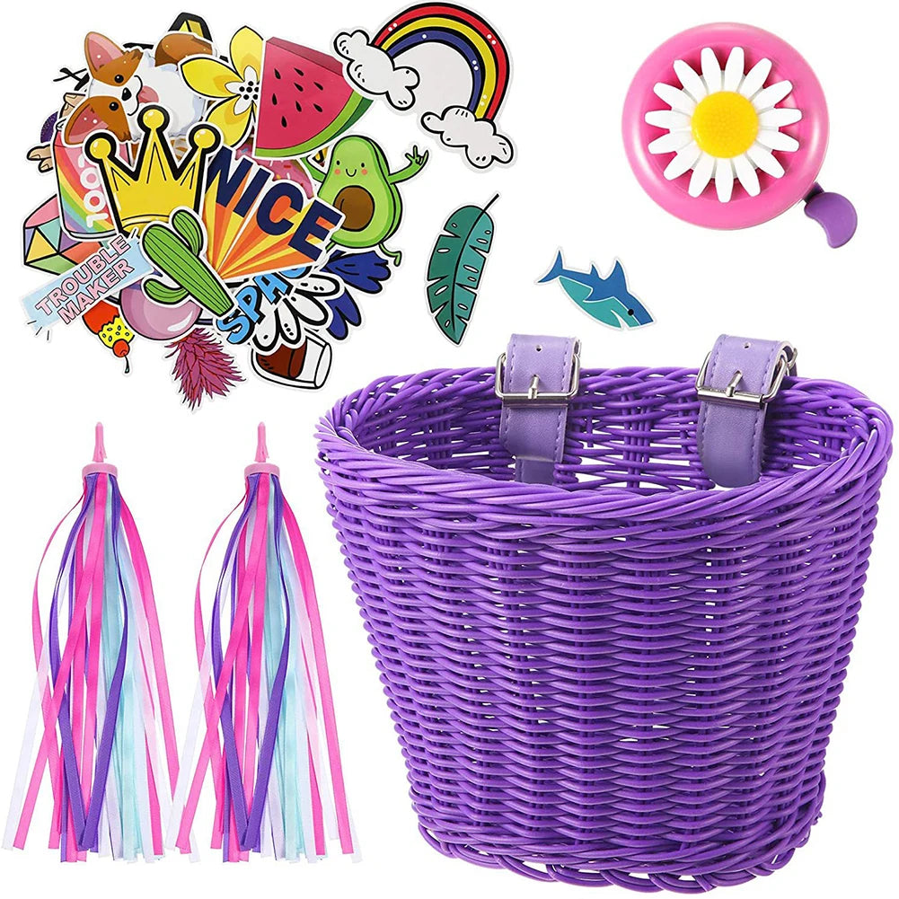 Rainbow Bicycle Basket+bell+tassel+stickers Kid Front Handlebar Zpaxo Purple 1set