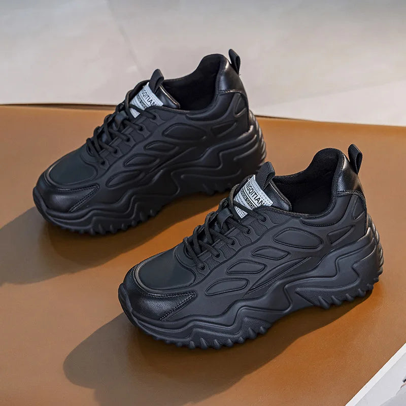 Black Leather Chunky Dad Sneakers Women Lace Up Design Round Toe Non Zpaxo