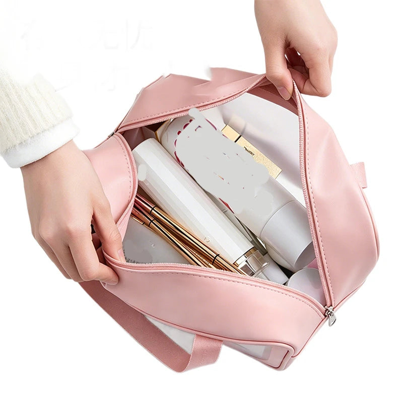 Portable hand-held PU polishing semi-transparent waterproof toiletry storage dust-proof makeup bag Zpaxo