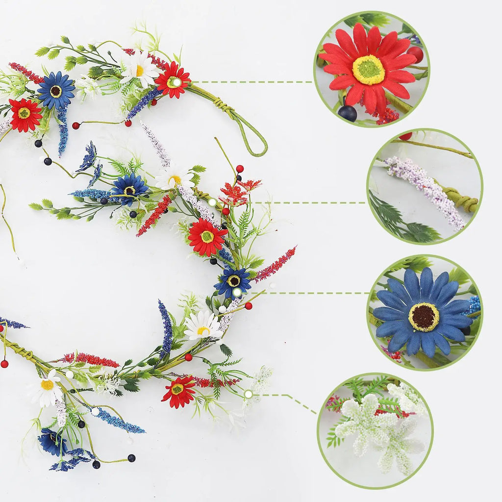 4th July Wreath 4 9Ft Red White Blue Daisy Garland Patriotic Decor