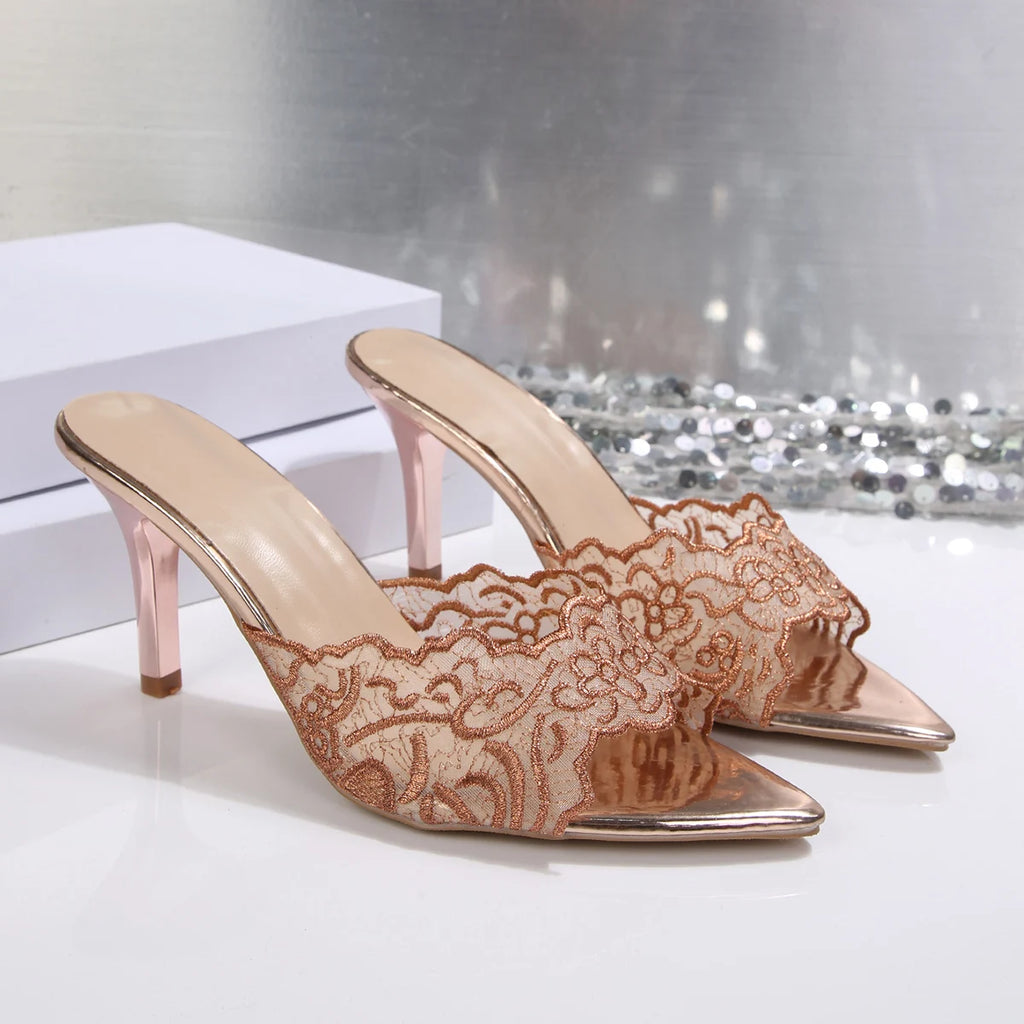 Woman Sandals Luxury Lace Lightweight Mule Slippers Woman Brand Point Toe High Heel Sandals Ladies Elegant Party Stiletto Shoes Zpaxo champagne 36