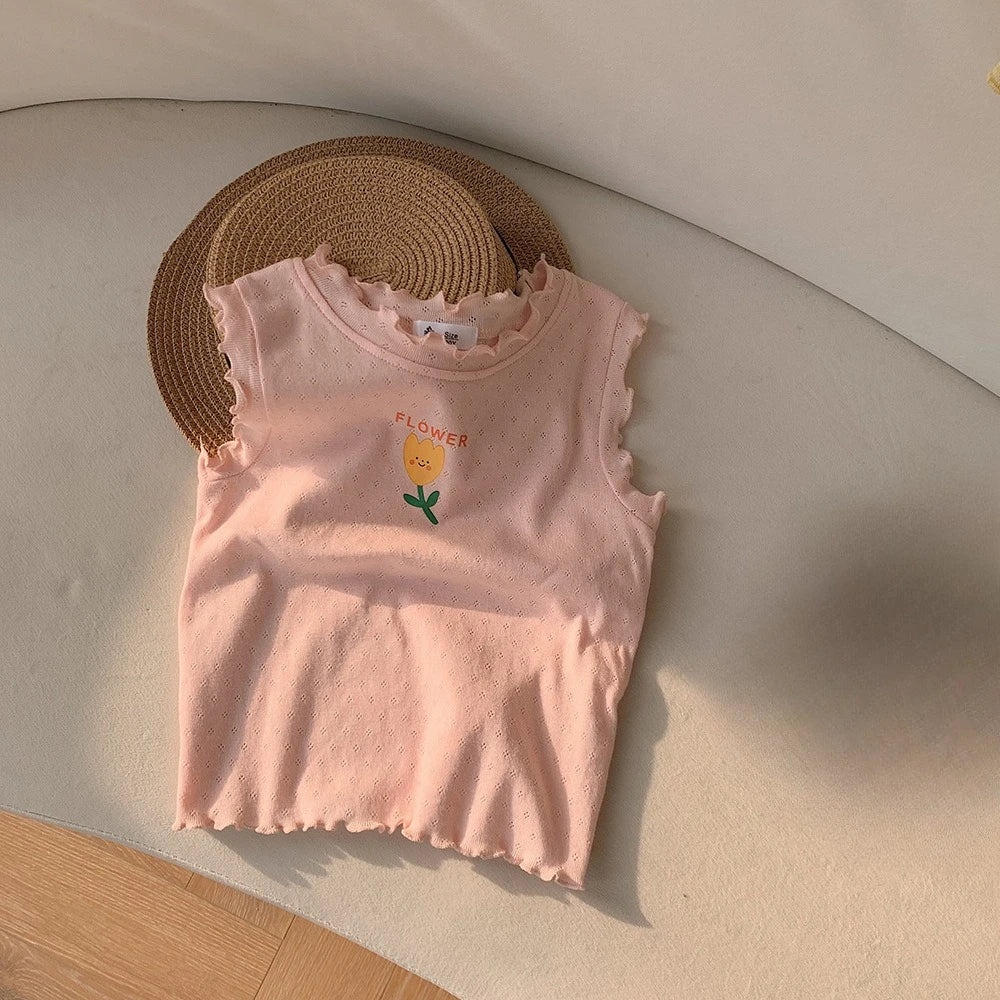 Children's vest summer new product girls cartoon hollow T-shirt baby wide printed sleeveless lace top Zpaxo pink vest 130cm