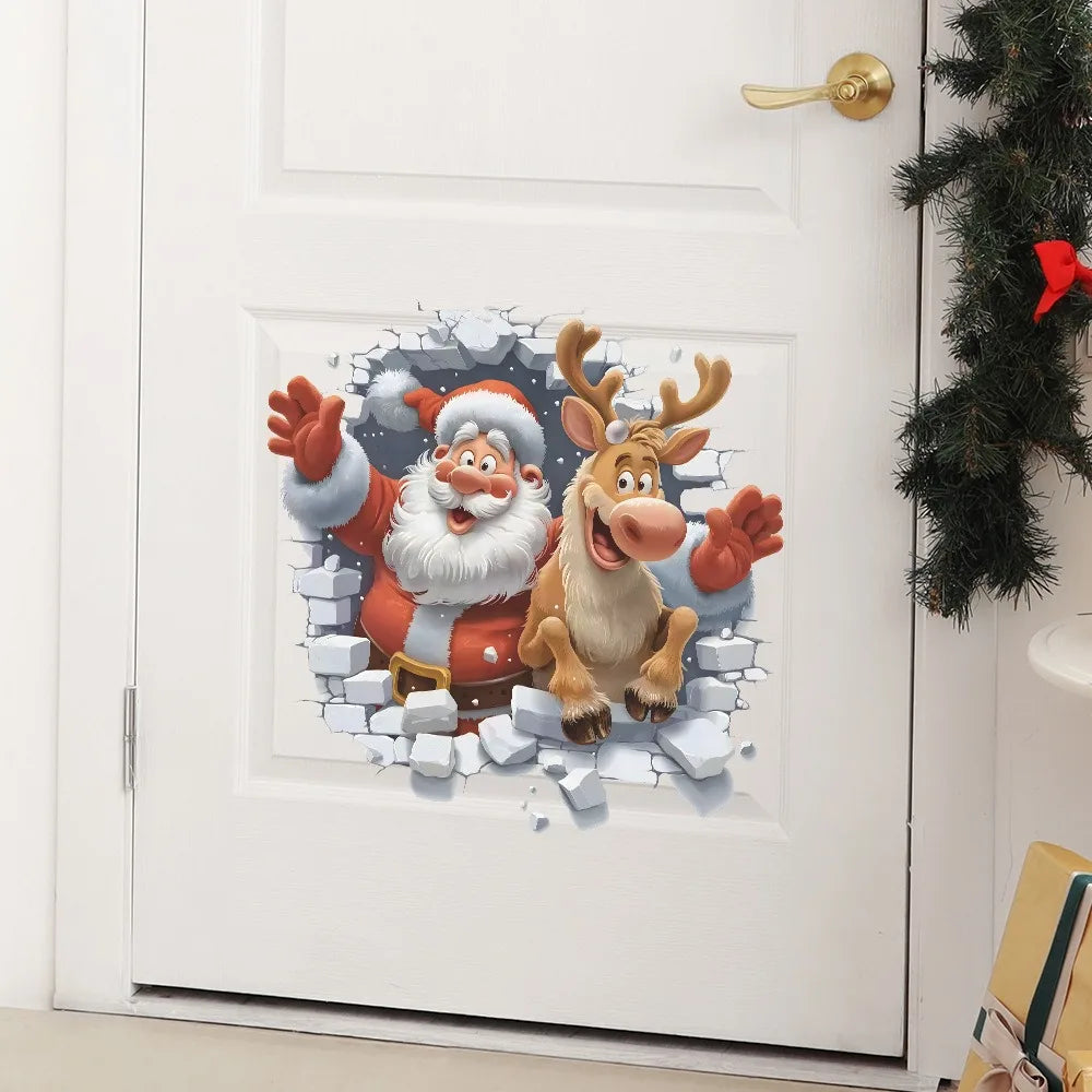 3D Santa & Reindeer Christmas Wall Stickers – Removable PVC