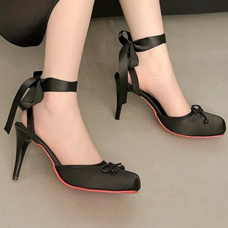 Women's Summer Square Closed Toe Bow Embellishment Hollow Out Zpaxo