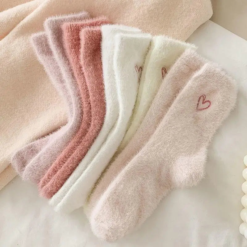 Women's Thickened Mink Fur Socks Pink Heart Embroidery Plush Zpaxo