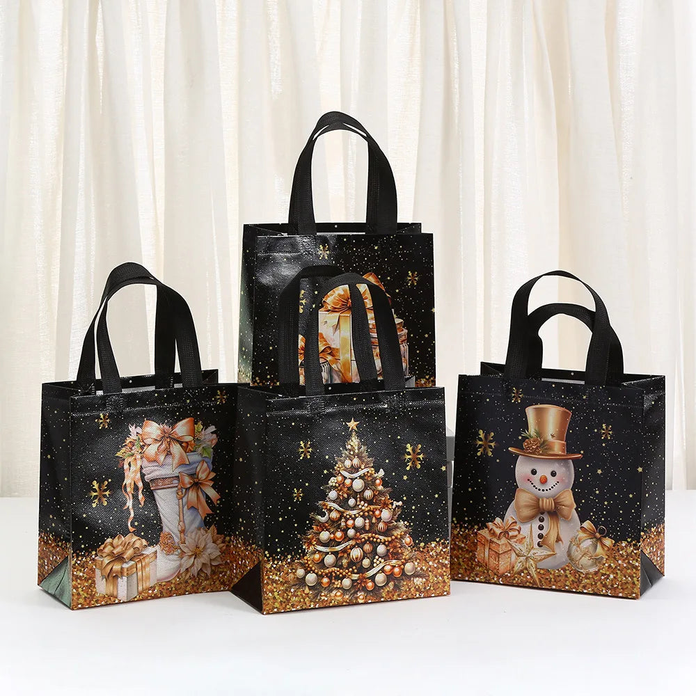 Christmas Non-Woven Gift Bag – Black Gold Snowman Xmas Tote Christmas Gift Bag Zpaxo