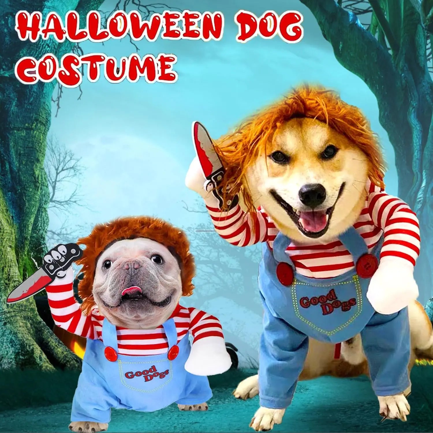 Pet Halloween Costume Knife Wig Scary Dog Roleplay Outfit Christmas