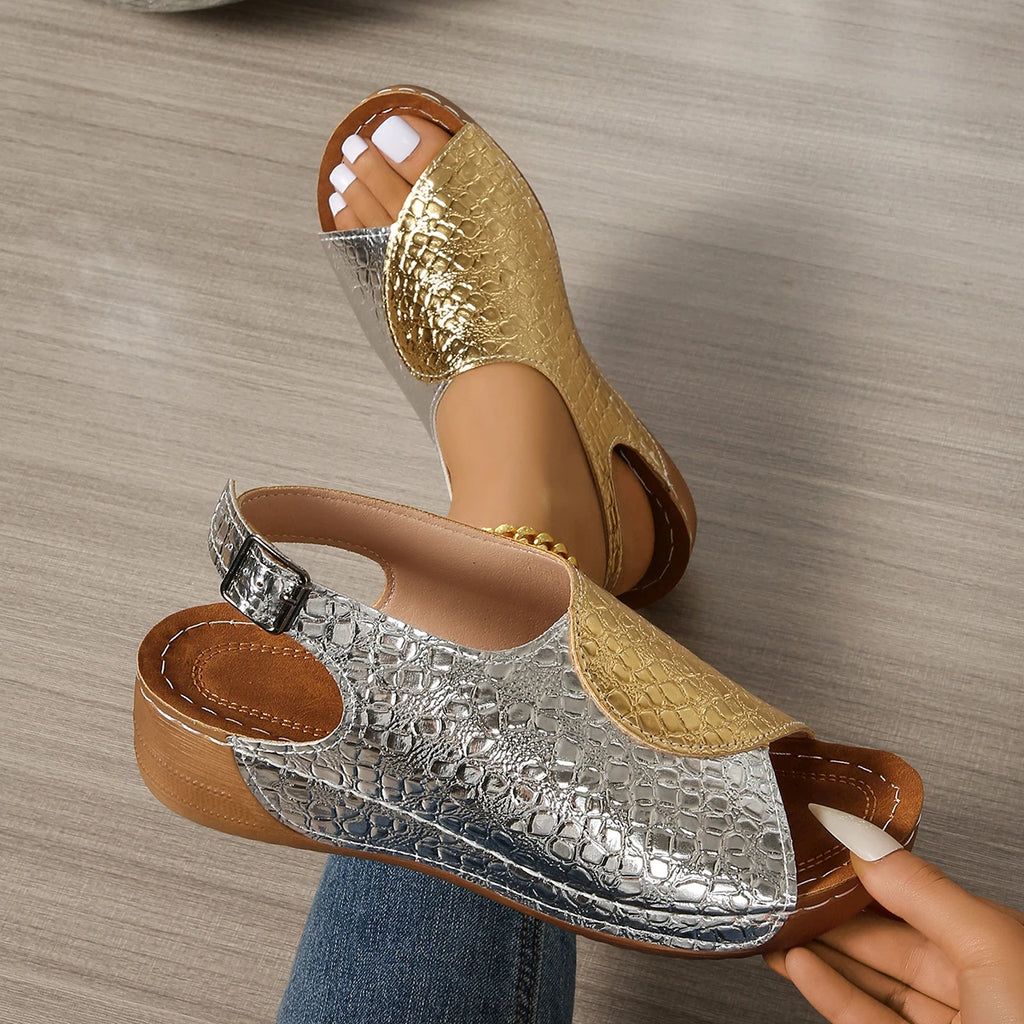 Women Sandals Plus Size Peep Toe Platform Shoes Woman Mix Color Wedges Sandals Women Lightweight Buckle Printed Beach Shoes Zpaxo