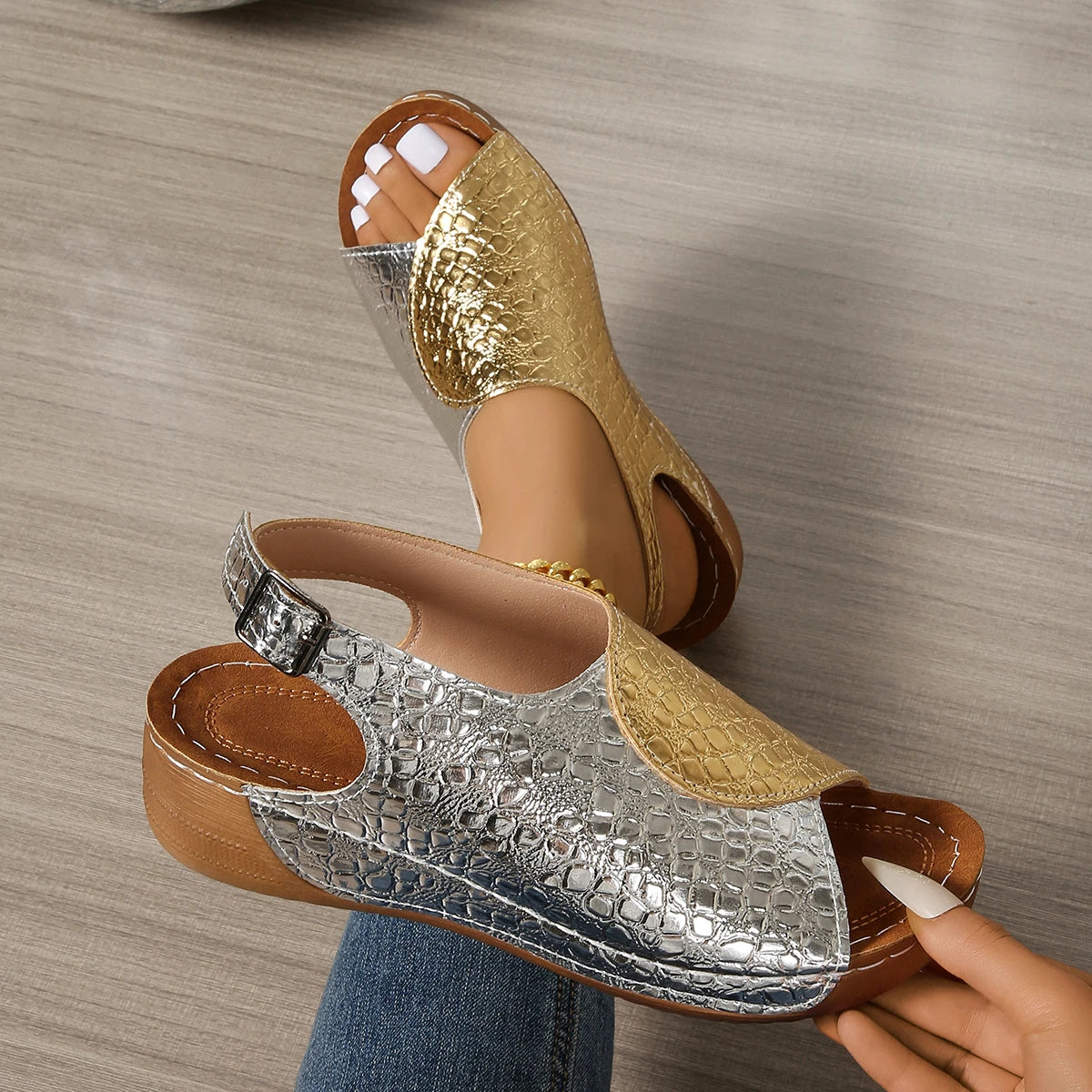 Women Sandals Plus Size Peep Toe Platform Shoes Woman Mix Color Wedges Sandals Women Lightweight Buckle Printed Beach Shoes Zpaxo