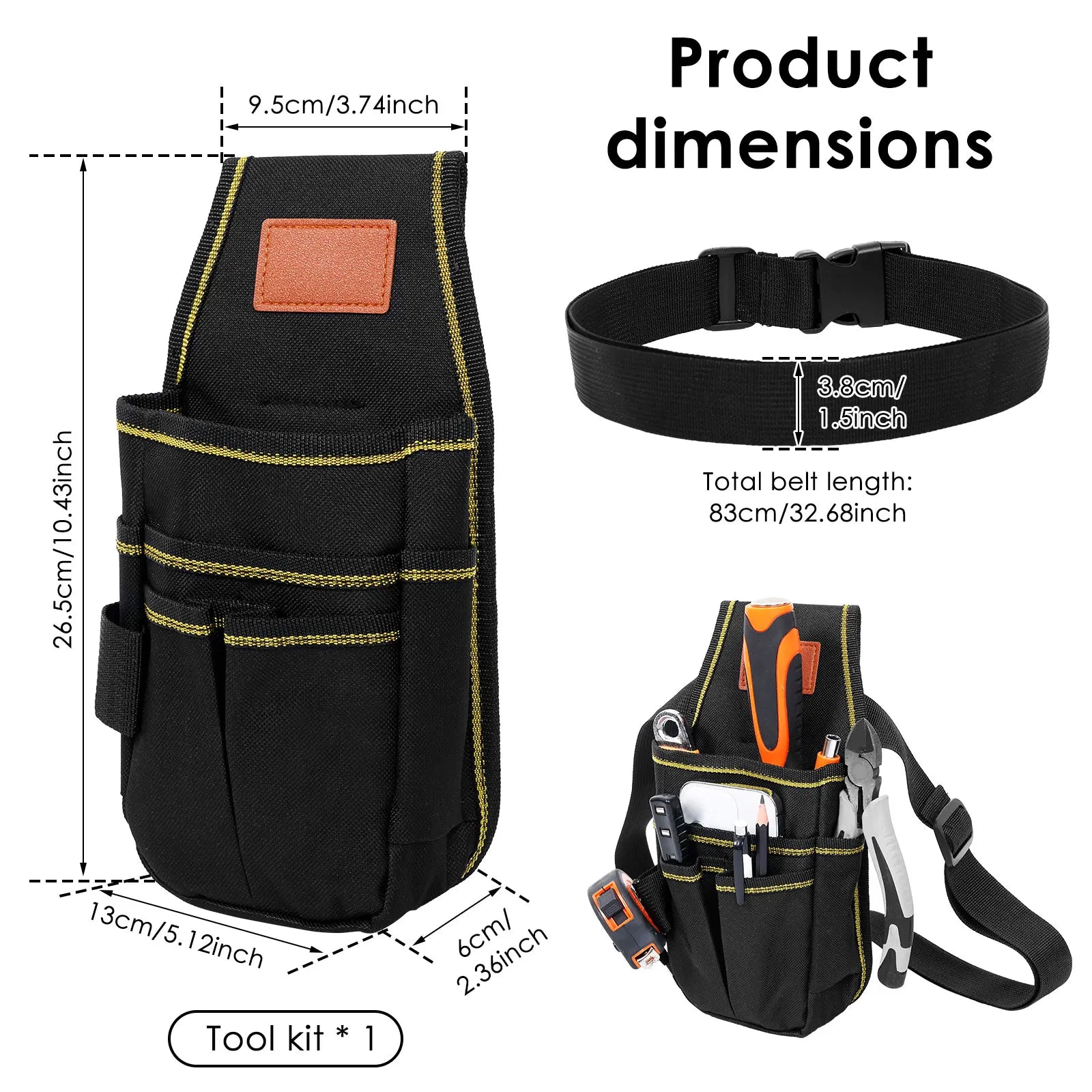 Tool Bag with 32 inch Belt Multi-Purpose Tool Holder Organiser 600D Oxford Fabric for Carpenter Gardener Builder and DIY Enthusi Zpaxo black