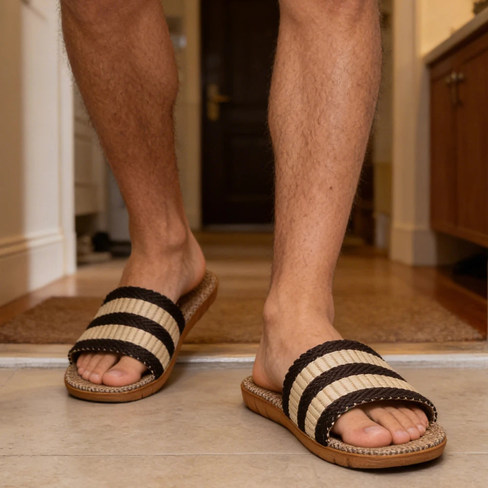 Summer Men Slippers Antislip Home Lightweight Shoes Indoor Linen Soft