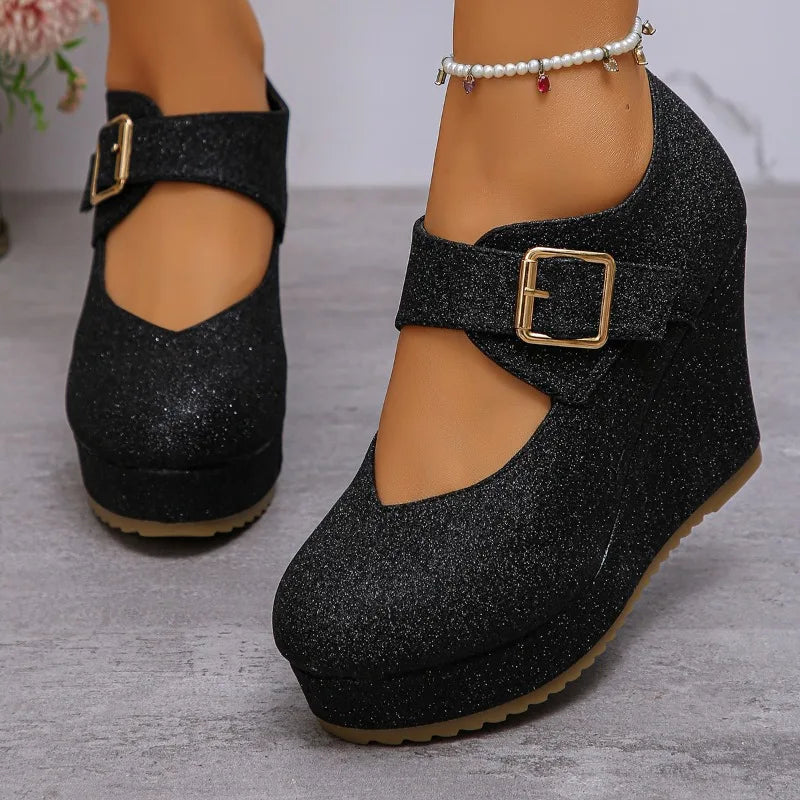 Heels Women's Fashion Wedges Buckle Strap Single Shoes 2026 Spring Zpaxo black 43