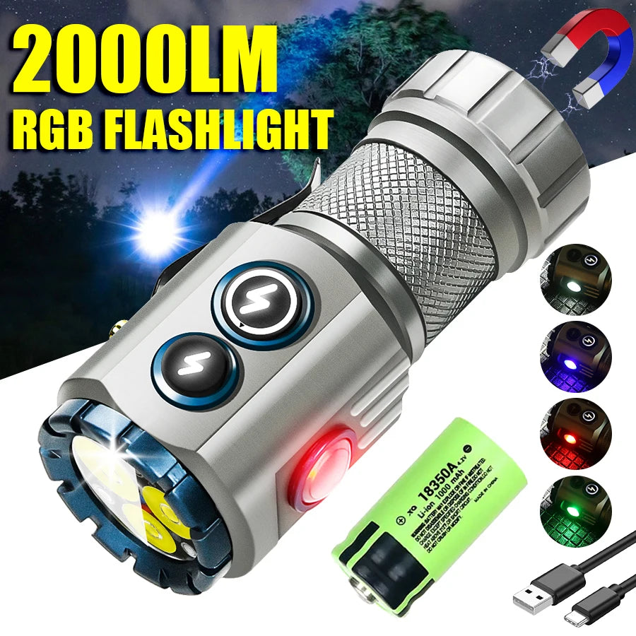 2000 Lumen LED Flashlight RGB Side Lamp Type-C Rechargeable Torch