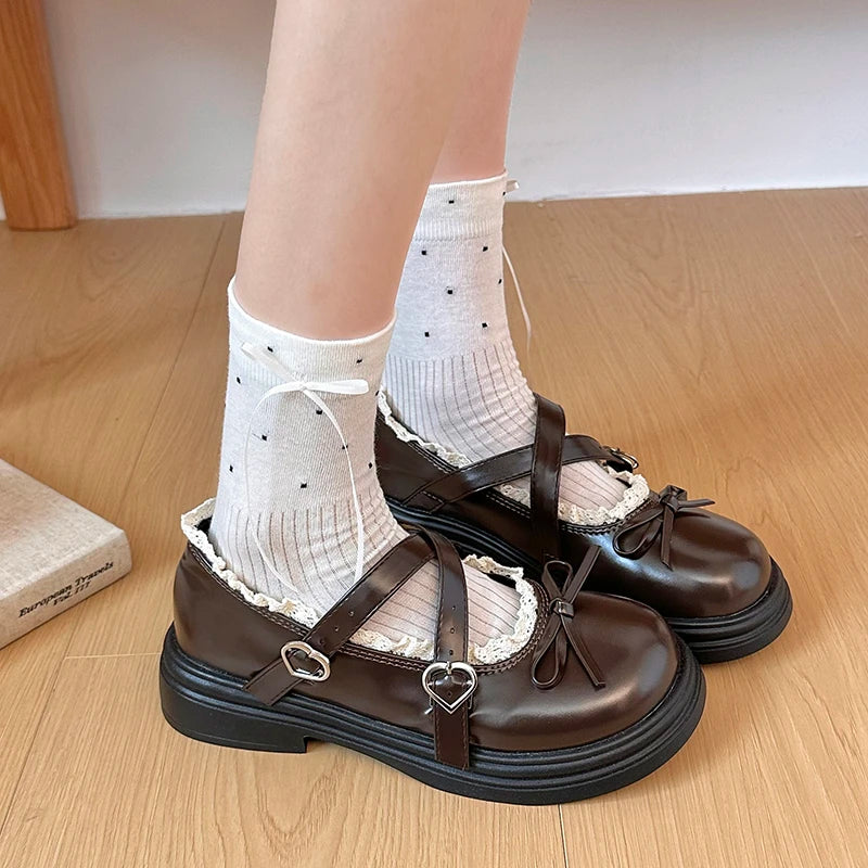 Women Lolita Shoes Girls Mary Jane Bow Knot Lace Trim PU Leather