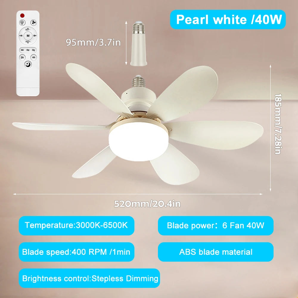 Home E27 Base Ceiling Fan Light with 30W LED Night Lights 3 Adjustable Lighting Modes Remote Control High Wind Power Ceiling Fan Zpaxo 52cm White
