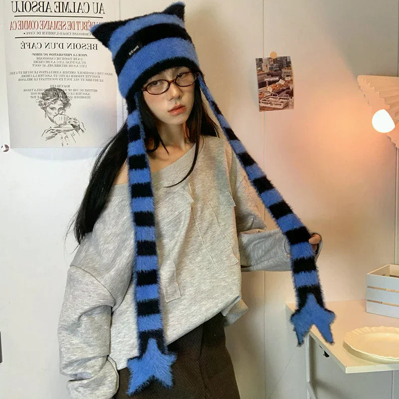 Y2k Subculture Girl Sweet Cool Hat Star Striped Plush Knitted Zpaxo