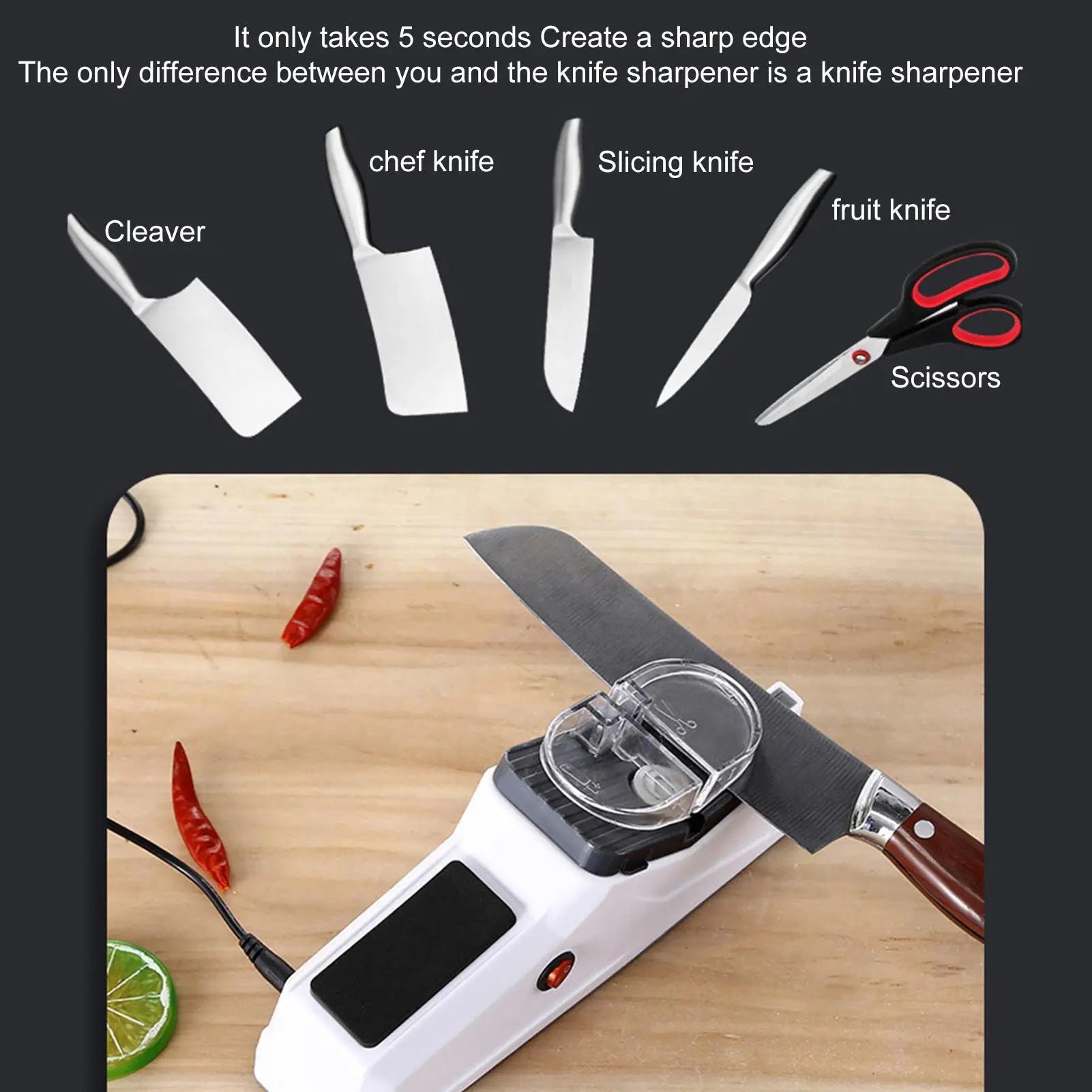 Electric Knife Sharpener Adjustable Kitchen Tool 5 Seconds Quick