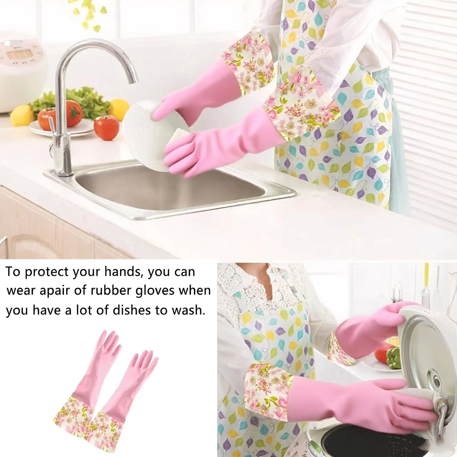 Dishwashing Gloves, Household Kitchen Rubber Cleaning Gloves 2 Pair Large (Pink+Green) Zpaxo