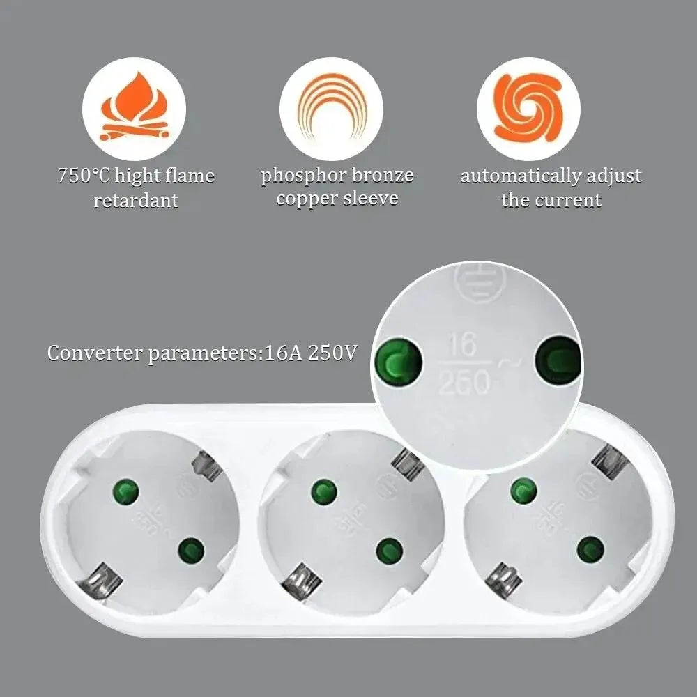 EU 3-Way Power Strip Adapter European Standard 16A 250V Multi Plug Outlet Wall Extender for Home Office Zpaxo