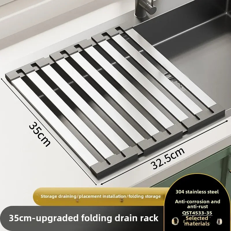 304 Stainless Steel Kitchen Sink Drain Rack Sink Bowl and Dish Storage Rack Foldable and Retractable Drain Basket Placema Zpaxo 35x32.5cm