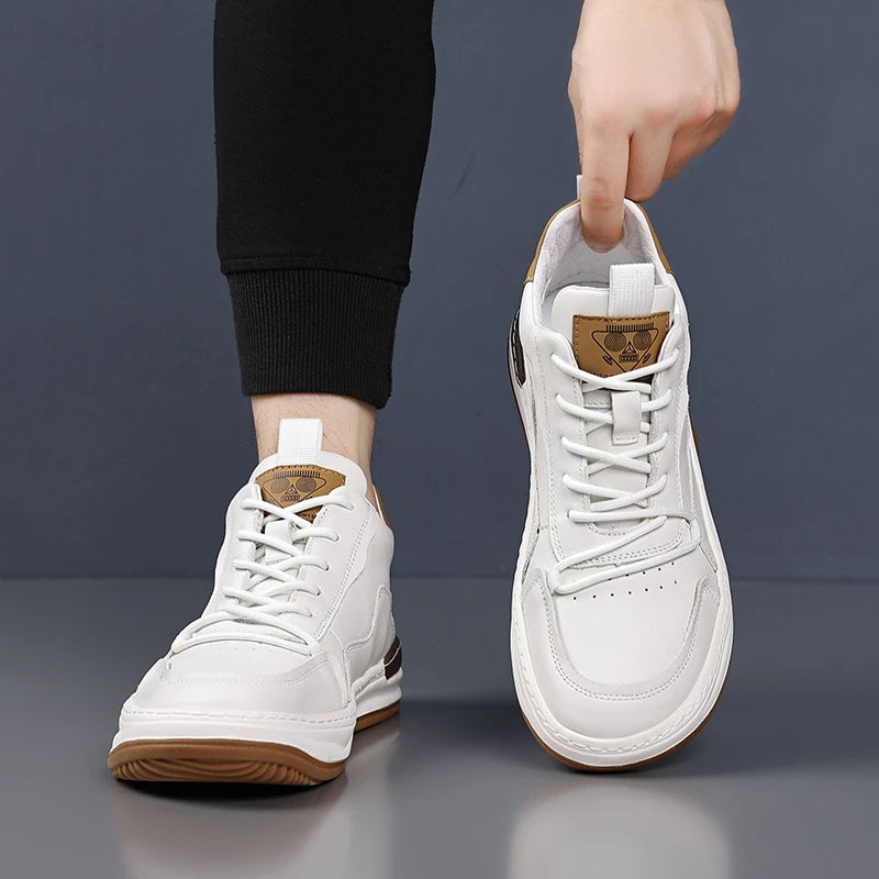 Mens Simple White Brown Leather Mid Sneakers Lace Up Casual Zpaxo