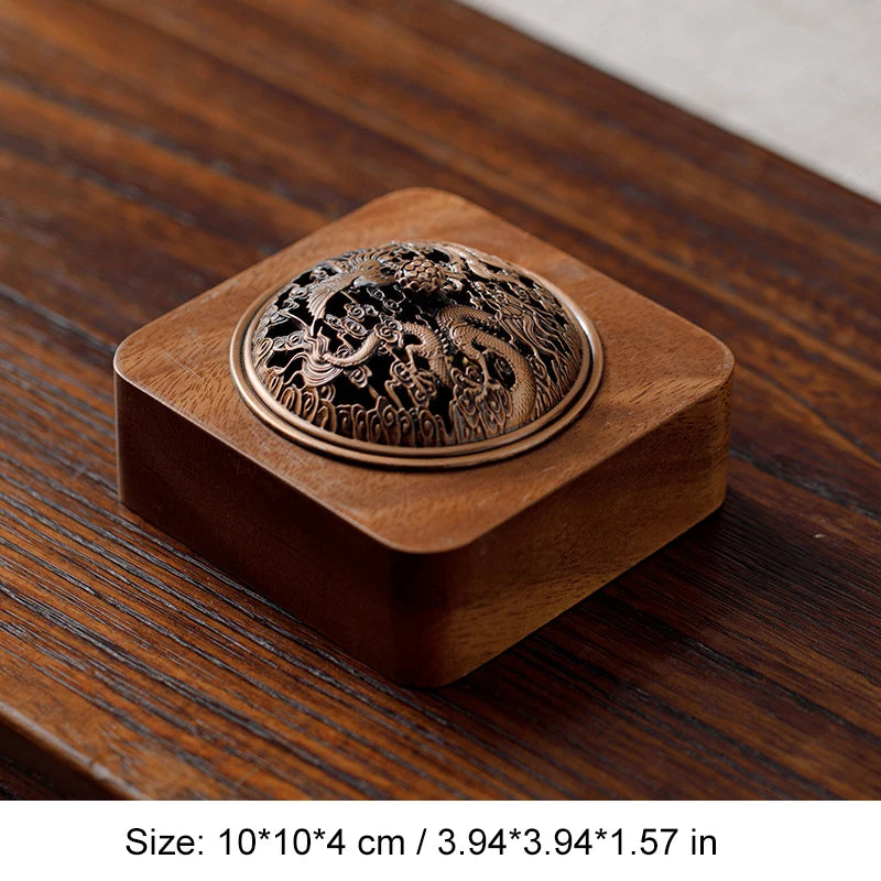 Walnut Wood Incense Burner Dragon Phoenix Hollow Lid Square Sandalwood Censer Incense Holder Home Room Teahouse Decor Zpaxo B