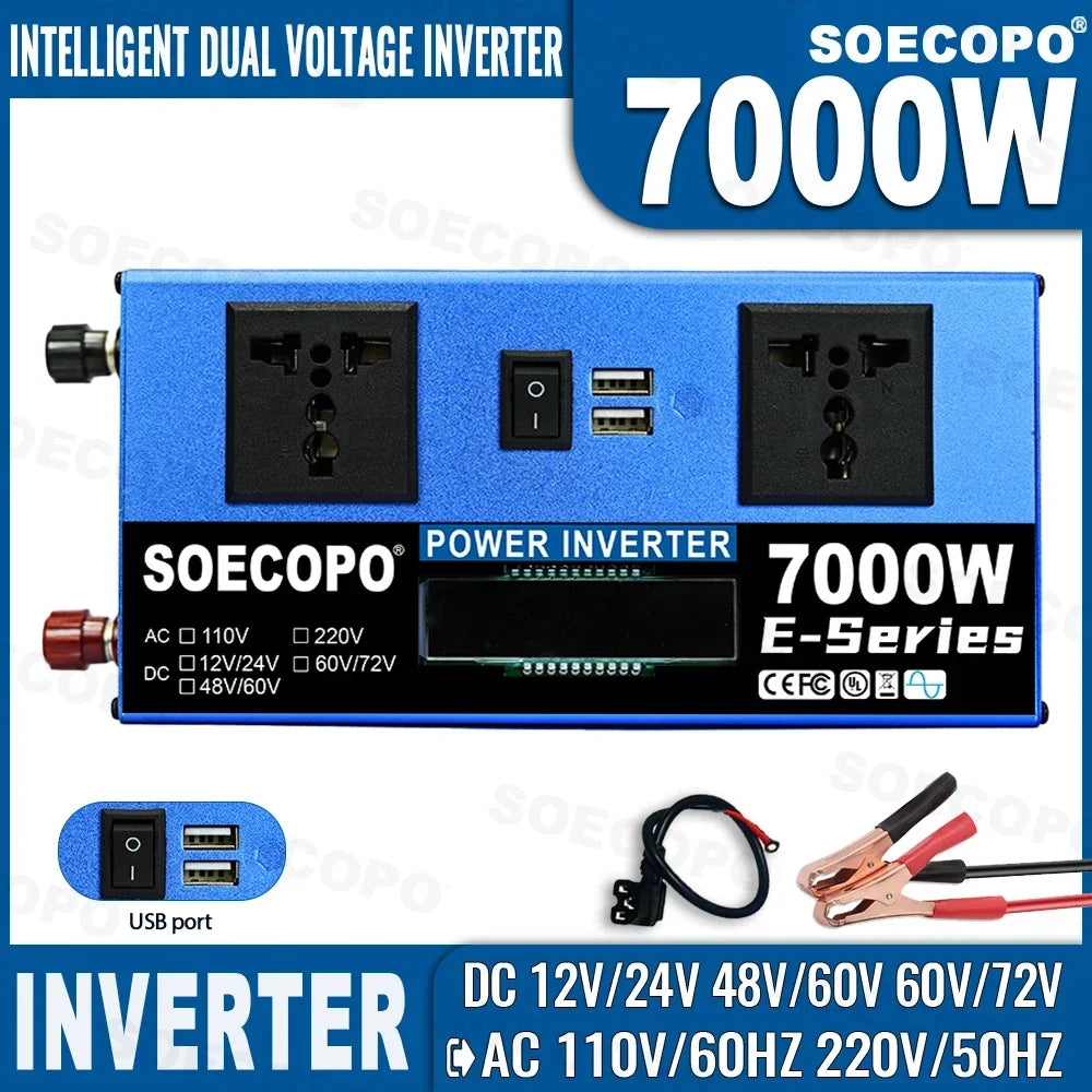 Smart 7000W Inverter Dual Voltage DC12V/24V-48V/60V-60V/72V to AC110V/220V for Solar/Car/RV/Truck with Dual USB Ports&LCD Screen Zpaxo 110V 60Hz 48V 60V Auto