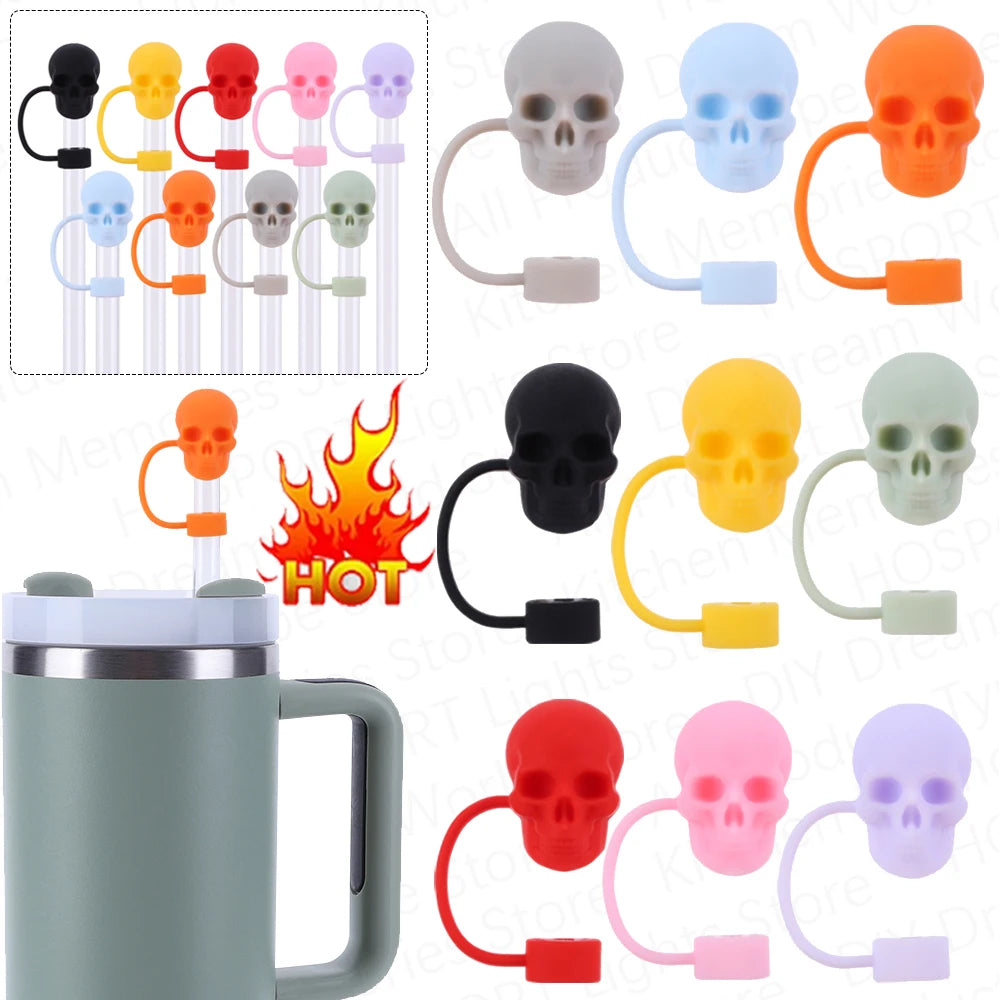 1 Silicone Cute Skull Straw Covers Halloween Toppers Reusable Funny