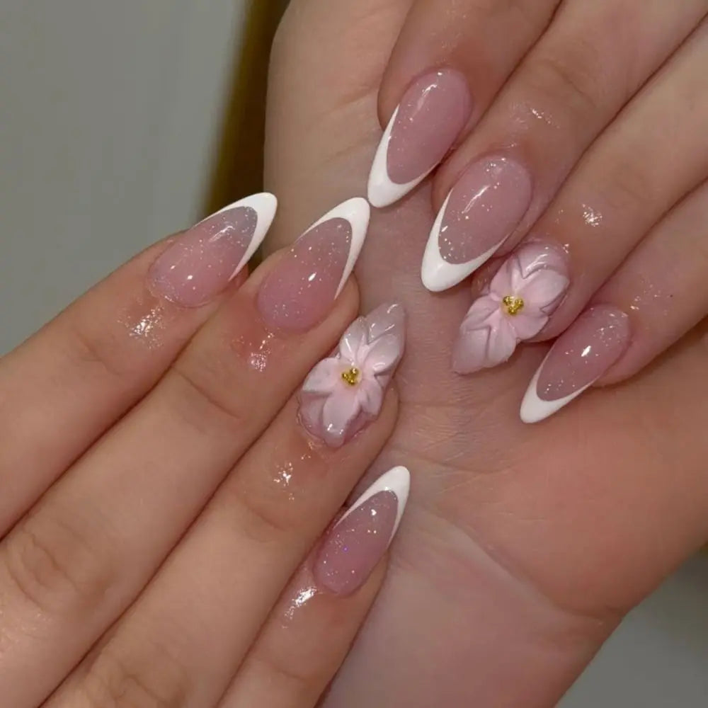 Manicure Long Almond False Nails French White Edge Fake Aurora Flower Zpaxo