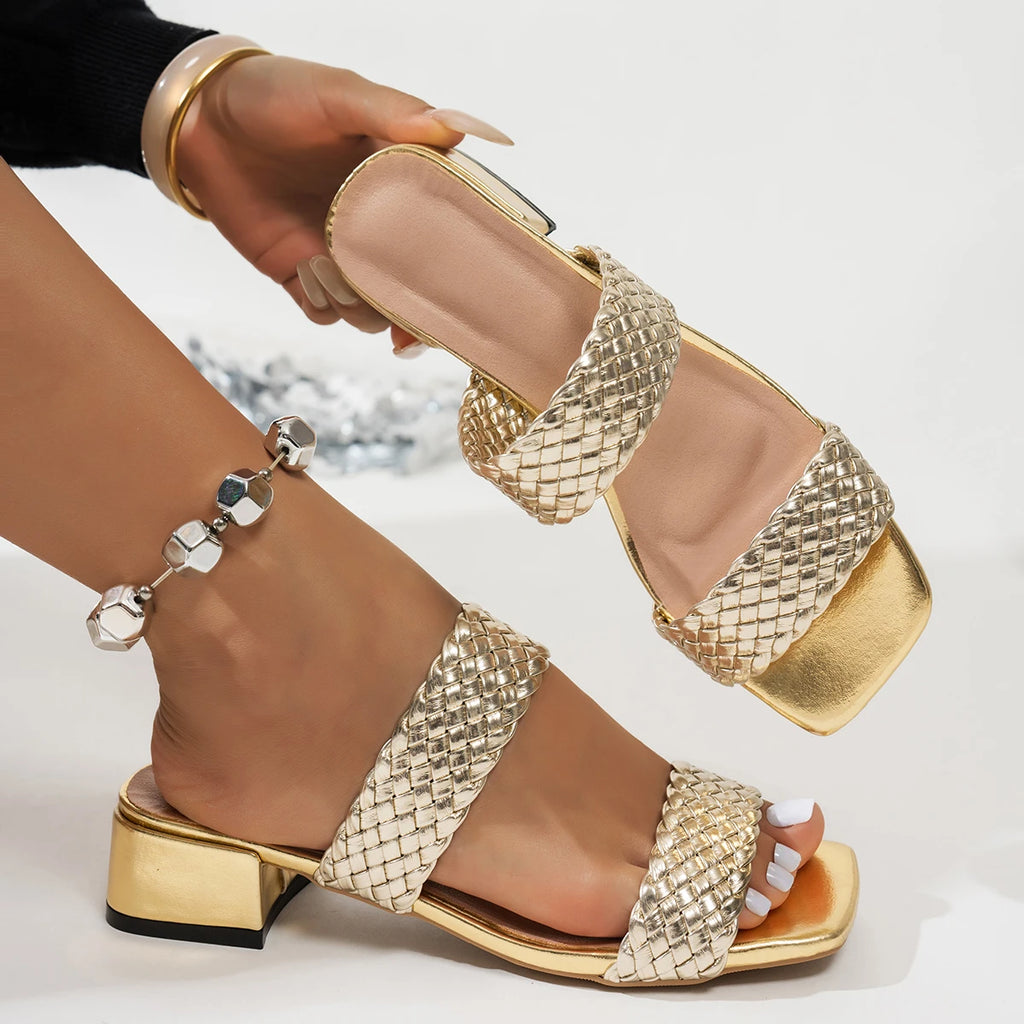 2025 New Women High Heels Sandals Luxury Slip-On Shoes Lightweight Designer Shoes Women Large Size Woven Square Head Sandals Zpaxo Gold 41