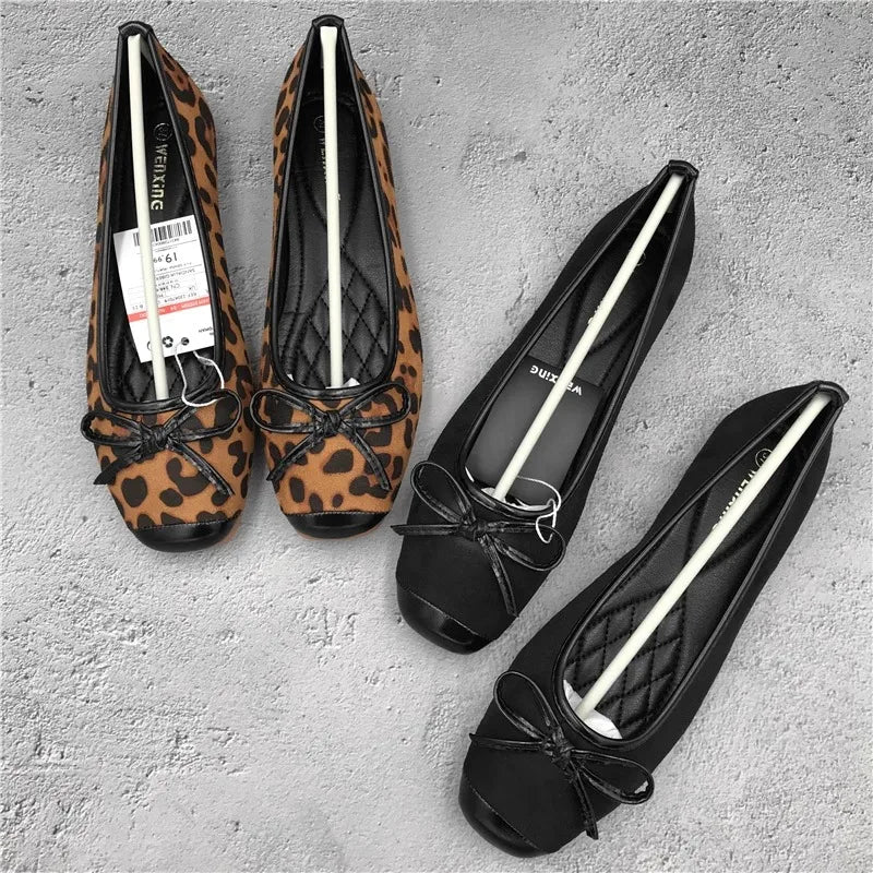 Flat Shoes for Women 2024 New Autumn Bow Temperament Square Toe Leopard shoes Black Luxury Casual Women's Shoes Zpaxo