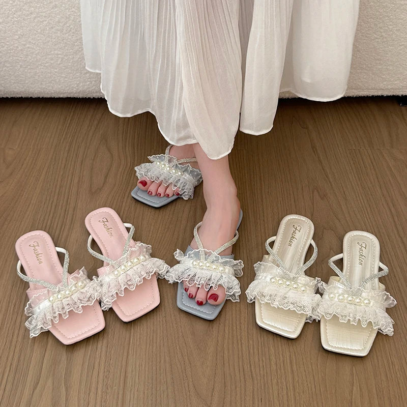 Women's Square Open Toe Elegant Pearl Rhinestone Embellishment Zpaxo