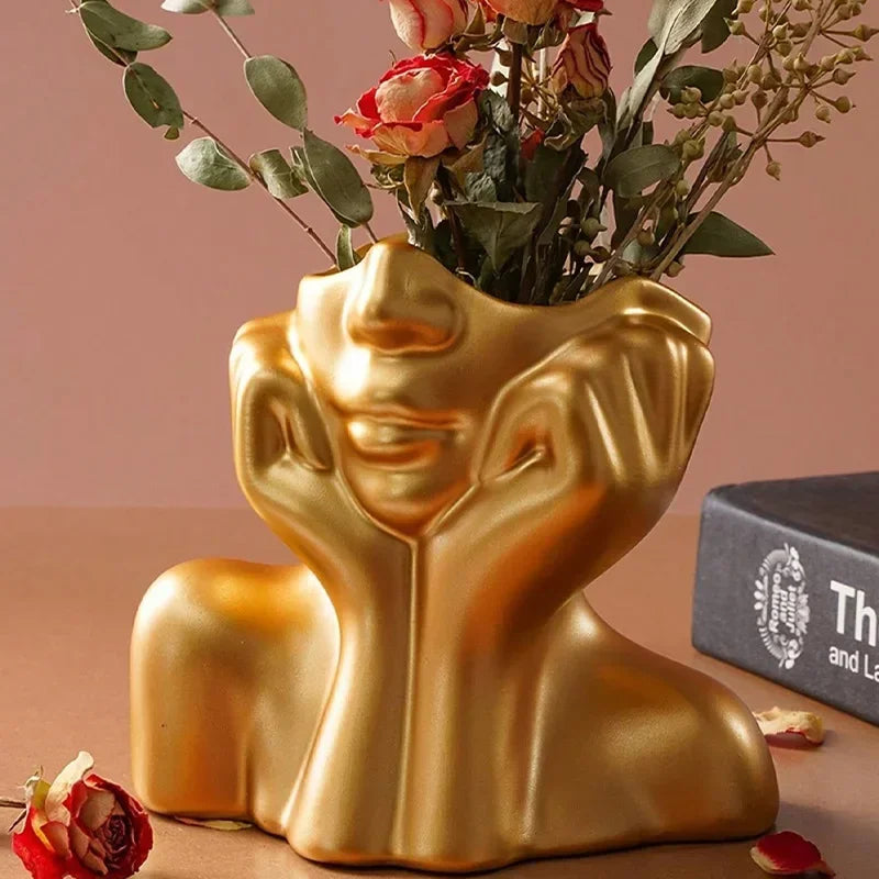 Resin Human Body Vase – Gold, White & Black Art Flower Planter Decorative Resin Vase Zpaxo