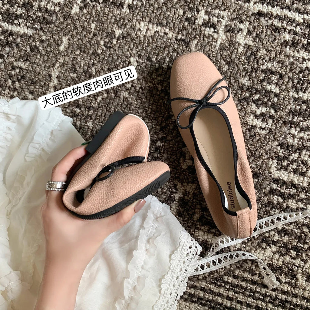 Large Flat Women's Shoes Spring Summer Gentle Bow Square Shallow Flat Soft Ballet Single Shoe for Women Shoes Ladies Black Zpaxo