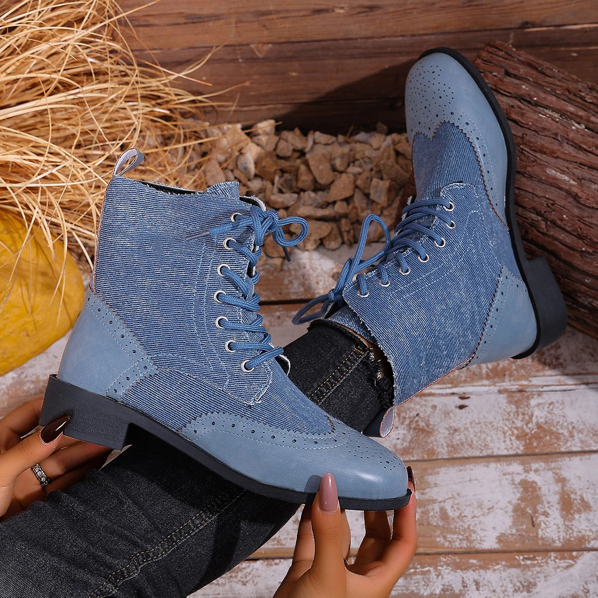 Winter Autumn Women Ankle Boots Open Toe Large Size Retro Boots Women Lace Up Comfortable Shoes Women Outdoor Comfortable Shoes Zpaxo Blue Cowboy 37