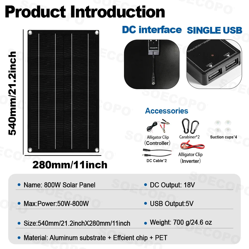 SOECOPO 15000W Portable Solar system Kit 800W Panel Dual - Voltage Input Inverter (3 Sockets 8 USBs) 100A Controller Camping Zpaxo
