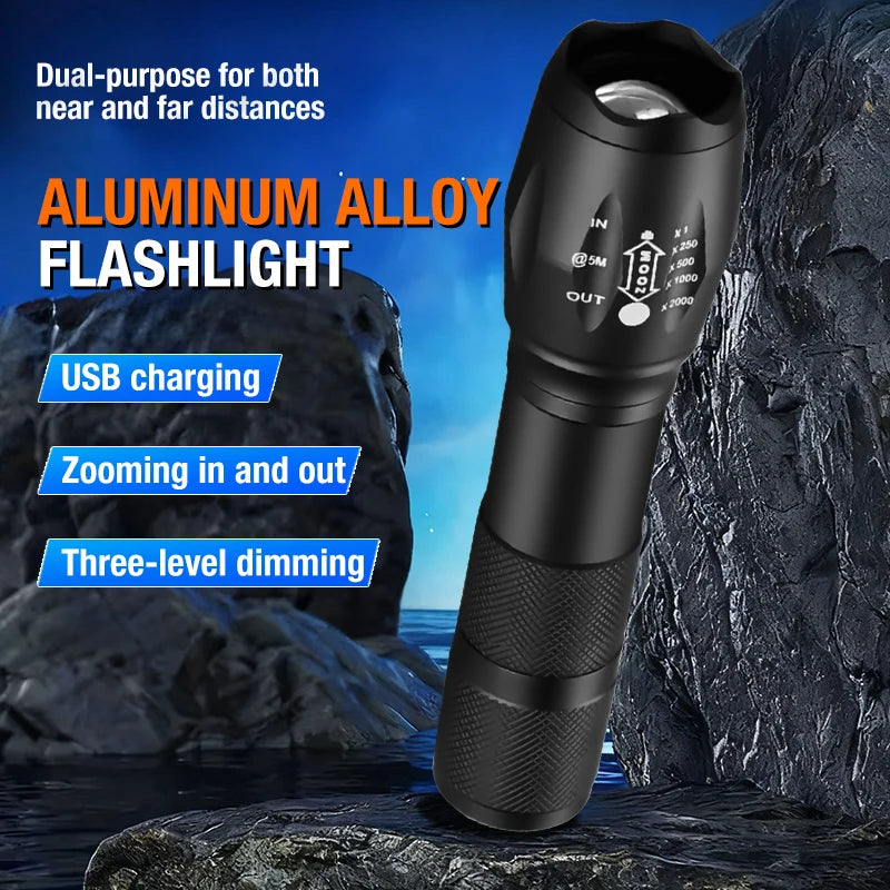 T6 Strong Light Flashlight LED Aluminum Alloy Telescopic Zoom Battery