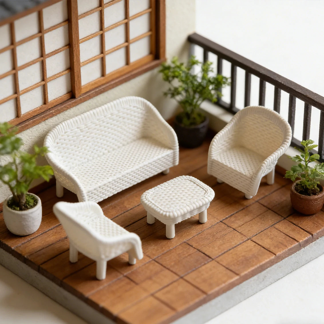 4-Piece Miniature Wicker Tea Table & Chair Set | Dollhouse Decor