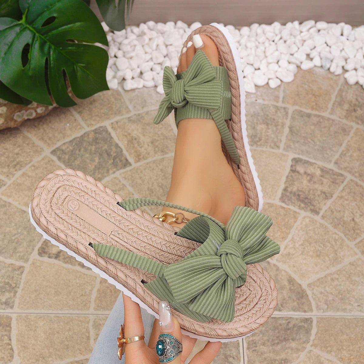 Women Slippers Bowknot Summer Flat Sandals Rope Sole Casual Beach Slippers Lightweight Holiday Shoes Women Trend Slides Women Zpaxo green 37