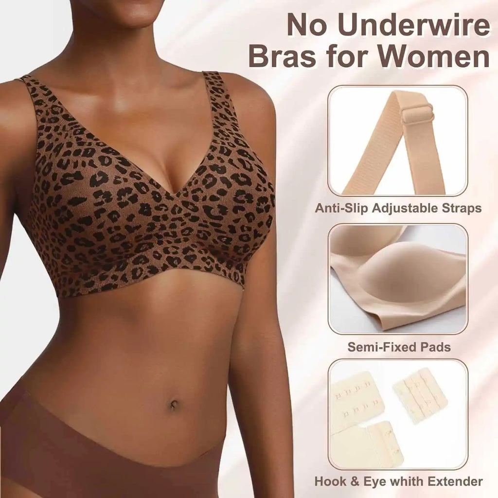 Wireless Seamless Leopard Bra Soft Support Full Coverage Thin Molded