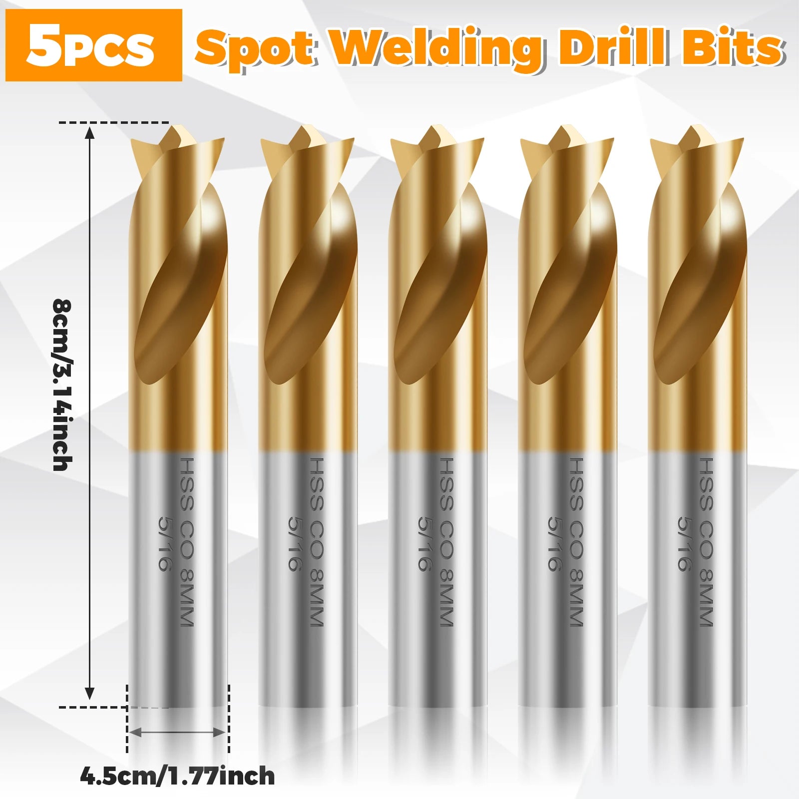 5Pcs Cobalt Spot Weld Drill Bit Set Kit Diameter 5/16-inch (8mm) High Speed Cobalt Steel Weld Cutter Drill Bit Weld Removal Tool Zpaxo Gold gold 8mm 5pc Round