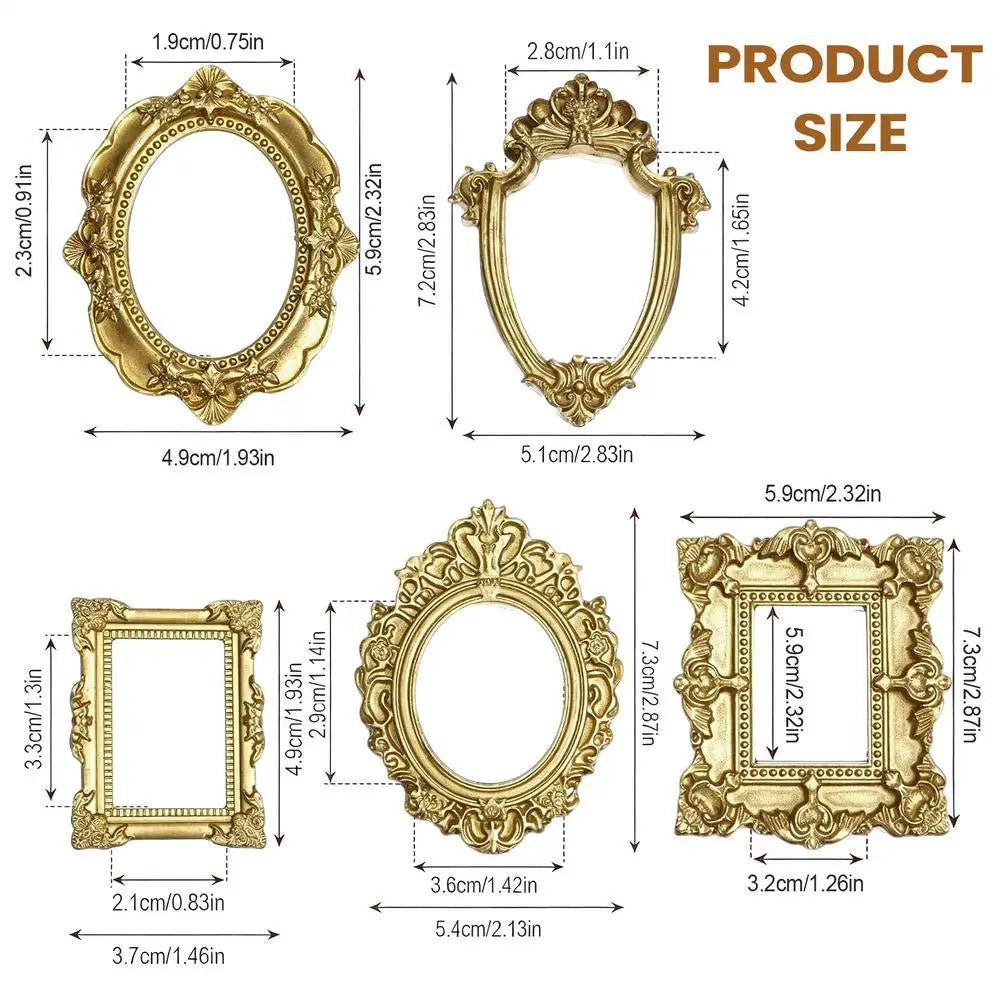 5Pcs Vintage Mini Picture Frames Elegant Golden Tone Baroque Resin Wall Mounted Display Cases Wedding Christmas Home Decor Zpaxo Gold