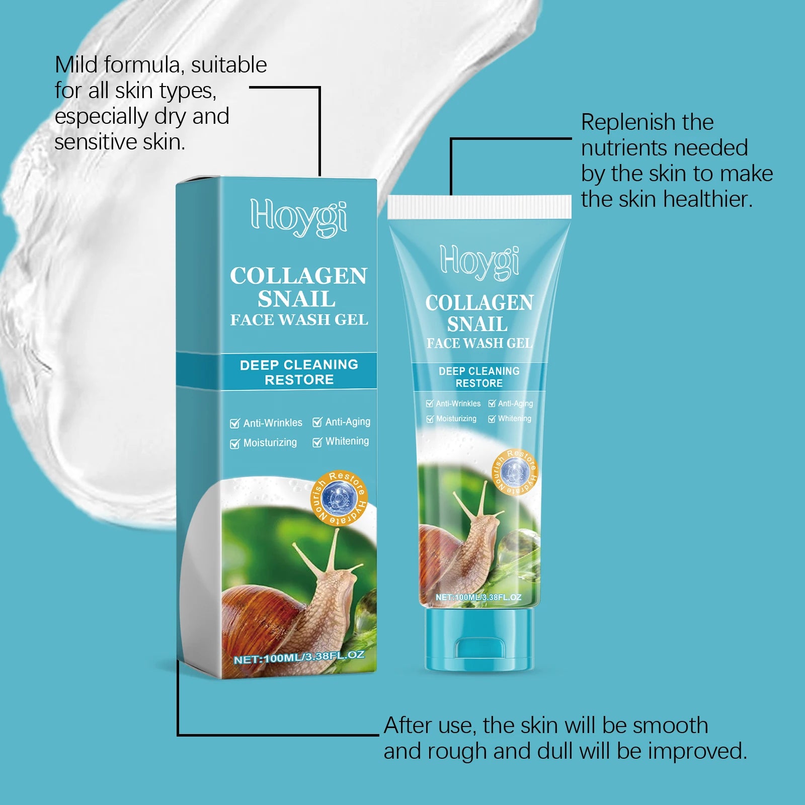 Hoygi Collagen Snail Cleansing Gel – Pore Minimizing Cleanser Facial Cleansing Gel Zpaxo