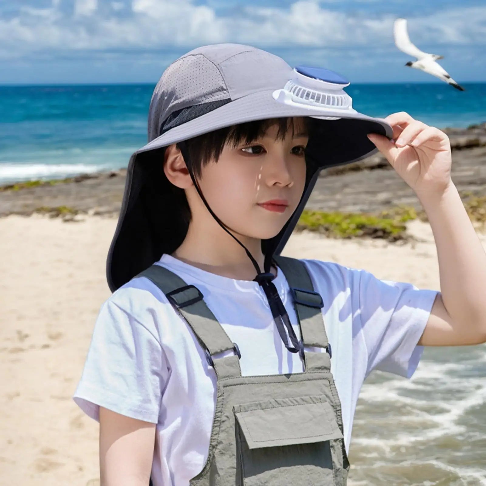Solar Fan Sun Hat Kids Wide Brim Cooling Day Sunscreen Cap Outdoor Zpaxo